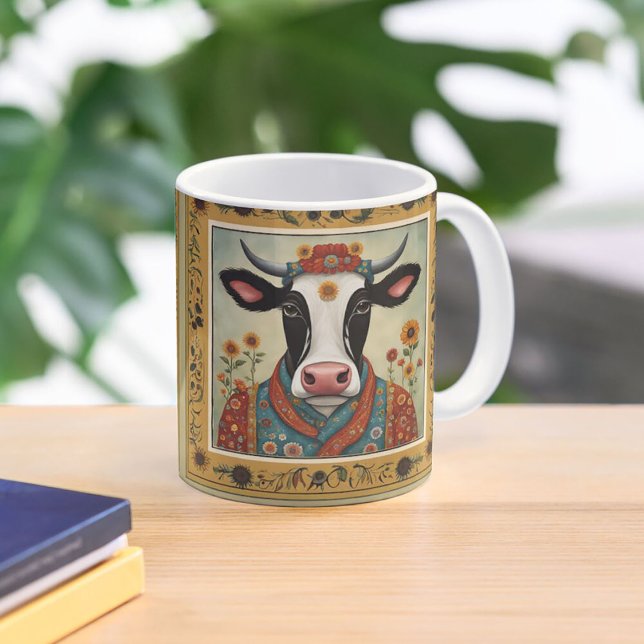 Floral Cow Folk Art Two-Tone Coffee Mug (Creator Uploaded)
