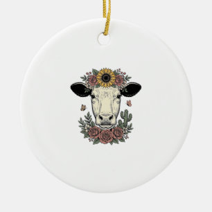 Floral Cow Head Vintage Engraving Design_1 Ceramic Ornament