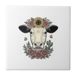 Floral Cow Head Vintage Engraving Design_1 Ceramic Tile