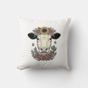 Floral Cow Head Vintage Engraving Design_1 Throw Pillow