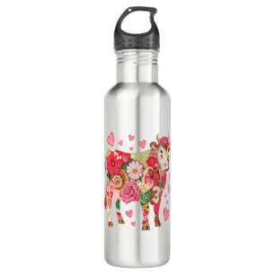 Floral Cow Png, Cute Cow Design Png Stainless Steel Water Bottle