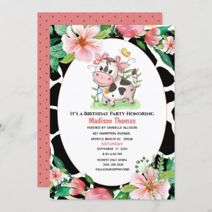 Floral Cow Print Girls Birthday Party Invitation