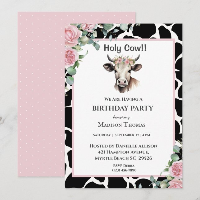 Floral Cow Print Girls Birthday Party Invitation (Front/Back)