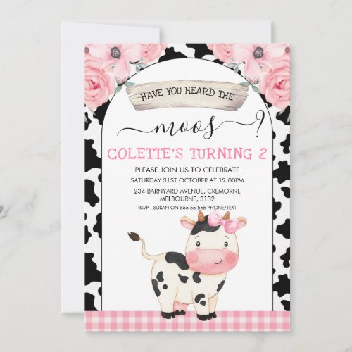 Floral Cow Print Have You Heard The Moos Birthday Invitation
