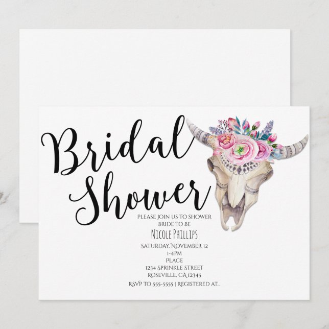 Floral Cow Skull Boho Bridal Shower Invitation (Front/Back)