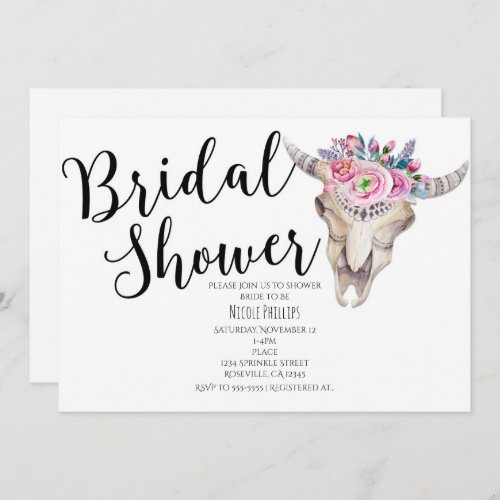 Floral Cow Skull Boho Bridal Shower Invitation