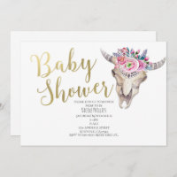 Floral Cow Skull Gold Boho Baby Shower Invitation