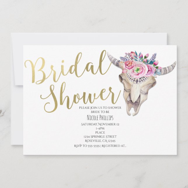 Floral Cow Skull Gold Bridal Shower Invitation (Front)