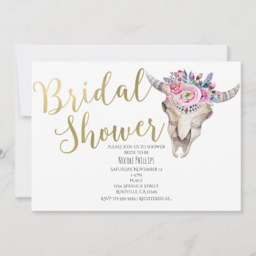 Floral Cow Skull Gold Bridal Shower Invitation