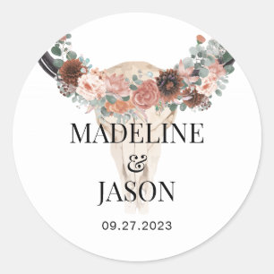 Floral Cow Skull Wedding Favor Classic Round Sticker