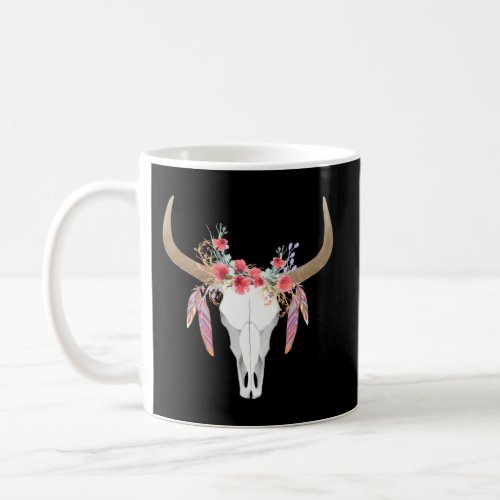 Floral Cow Skull With Feathers Bull Skull Coffee Mug