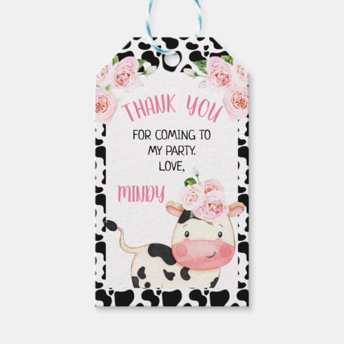 Floral Cow with Cow Print Birthday Favor tag