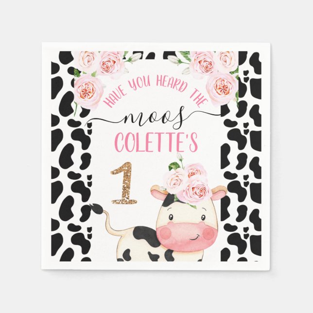 Floral Cow with Cow Print Birthday Paper Napkins (Front)