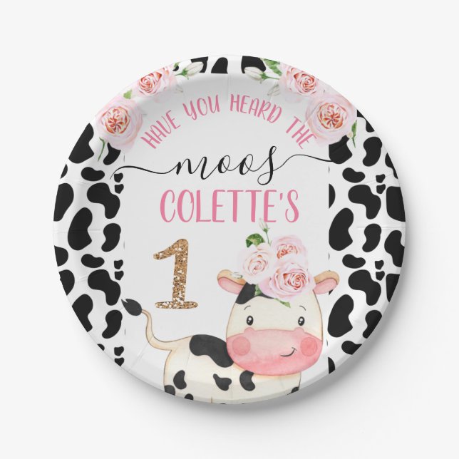 Floral Cow with Cow Print Birthday Paper Plates (Front)
