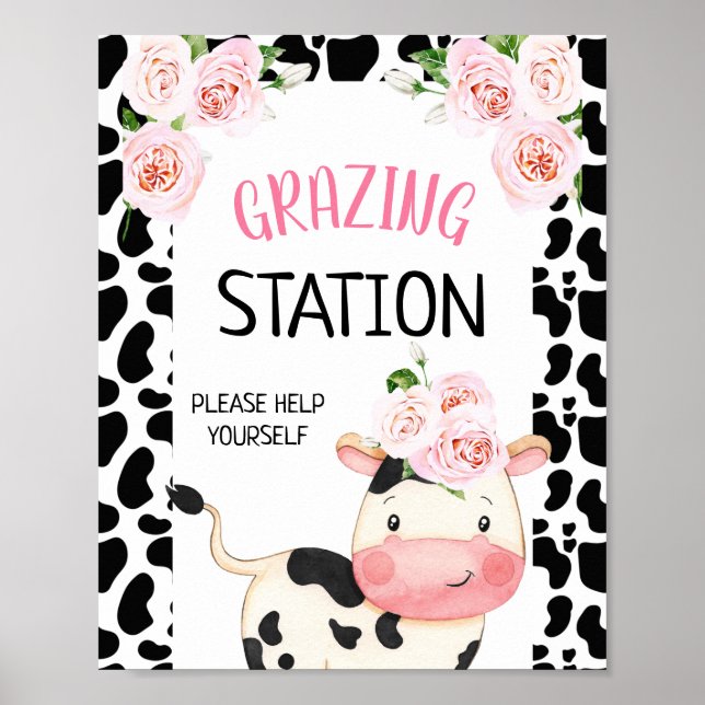 Floral Cow with Cow Print Birthday Party Sign (Front)