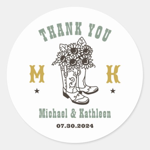 Floral Cowboy Boots Western Country Rustic Wedding Classic Round Sticker