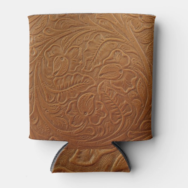Floral cowboy western decor, tan brown leather. can cooler (Front)