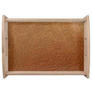 Floral cowboy western decor, tan brown leather. serving tray