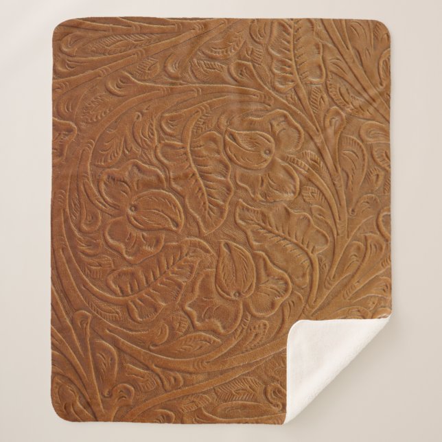 Floral cowboy western decor, tan brown leather. sherpa blanket (Front)