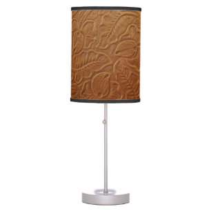 Floral cowboy western decor, tan brown leather. table lamp