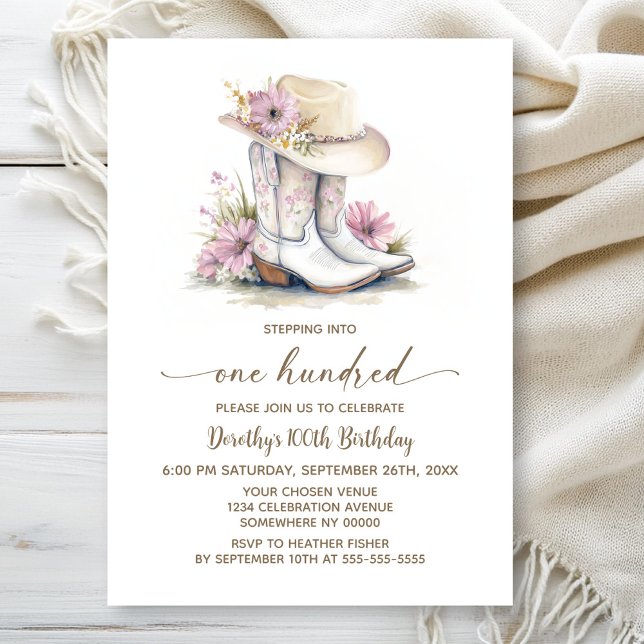 Floral Cowgirl Boots and Hat 100th Birthday Party Invitation (Creator Uploaded)