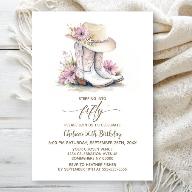 Floral Cowgirl Boots and Hat 50th Birthday Party Invitation (Creator Uploaded)