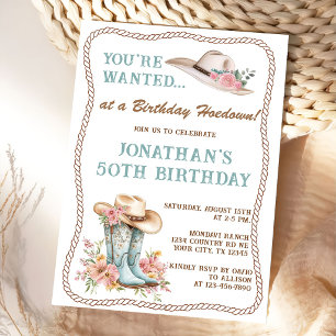 Floral Cowgirl Boots and Hat Birthday Invitation