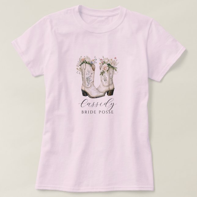 Floral Cowgirl Boots Bride Posse Custom Pink T-Shirt (Design Front)