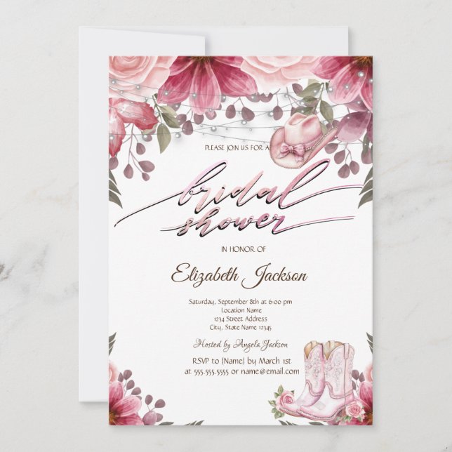 Floral Cowgirl Boots Hat Lights Bridal Shower  Invitation (Front)