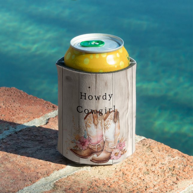 Floral Cowgirl Boots Ivory Faux Wood Personalized  Can Cooler (In Situ Pool)