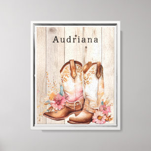 Floral Cowgirl Boots Ivory Faux Wood Personalized Canvas Print