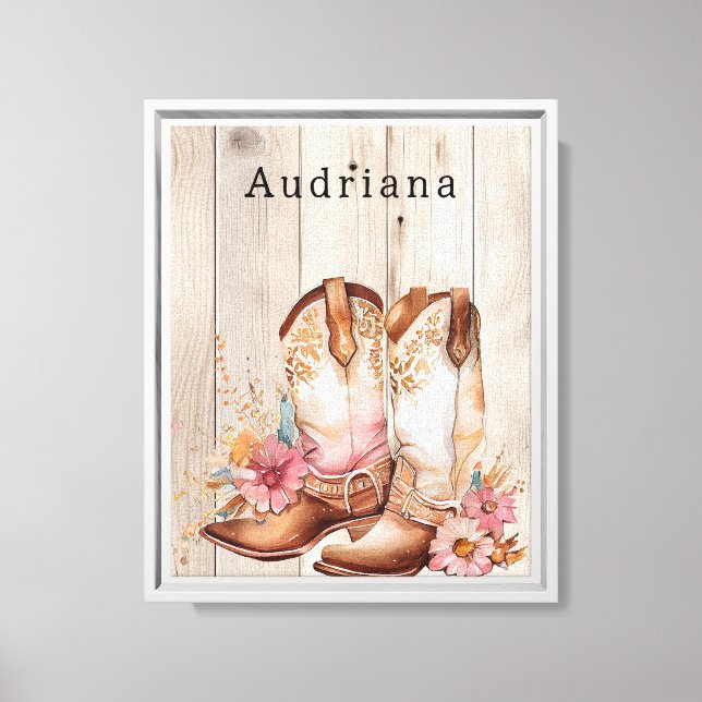 Floral Cowgirl Boots Ivory Faux Wood Personalized  Canvas Print (Front)