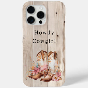 Floral Cowgirl Boots Ivory Faux Wood Personalized iPhone 15 Pro Max Case