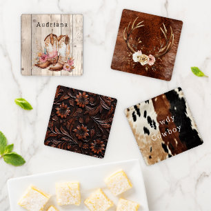 Floral Cowgirl Boots Ivory Faux Wood Personalized  Coaster Set