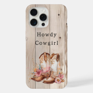 Floral Cowgirl Boots Ivory Faux Wood Personalized iPhone 15 Pro Max Case