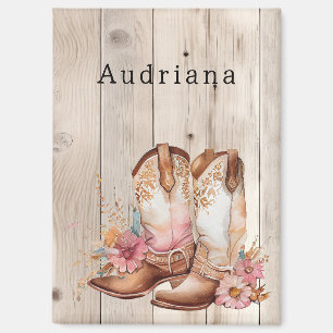 Floral Cowgirl Boots Ivory Faux Wood Personalized Magnet