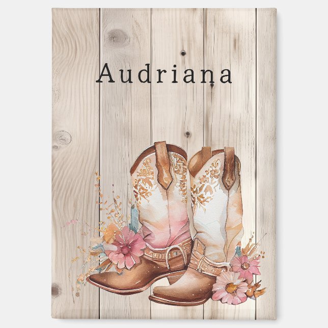 Floral Cowgirl Boots Ivory Faux Wood Personalized  Magnet (Front)
