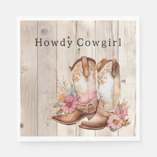 Floral Cowgirl Boots Ivory Faux Wood Personalized  Napkins