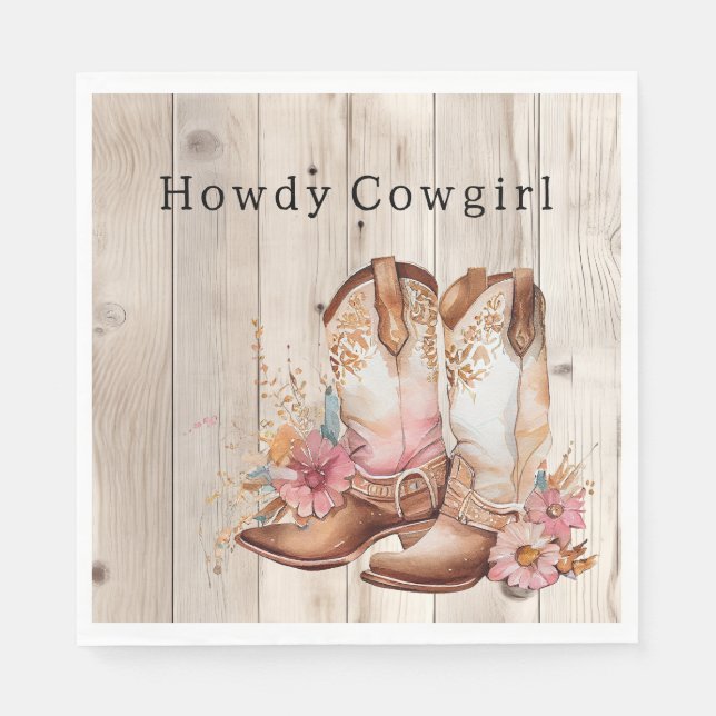 Floral Cowgirl Boots Ivory Faux Wood Personalized  Napkins (Front)