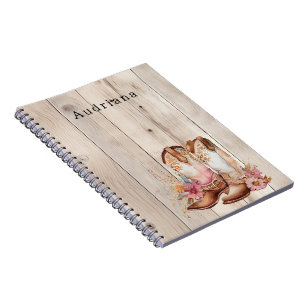 Floral Cowgirl Boots Ivory Faux Wood Personalized  Notebook