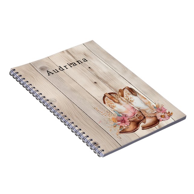 Floral Cowgirl Boots Ivory Faux Wood Personalized  Notebook (Right Side)