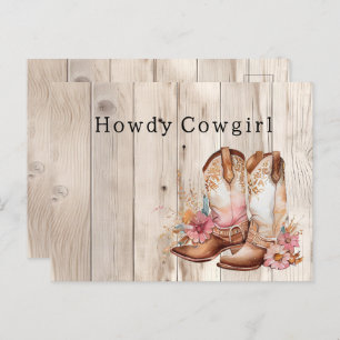 Floral Cowgirl Boots Ivory Faux Wood Personalized Postcard