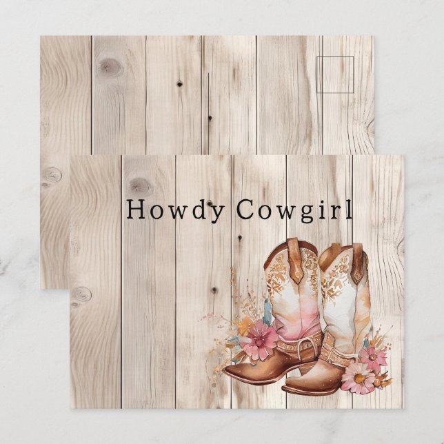Floral Cowgirl Boots Ivory Faux Wood Personalized  Postcard (Front/Back)