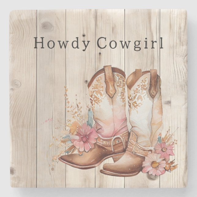 Floral Cowgirl Boots Ivory Faux Wood Personalized  Stone Coaster (Front)