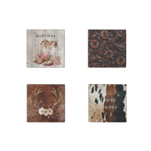 Floral Cowgirl Boots Ivory Faux Wood Personalized Stone Magnet