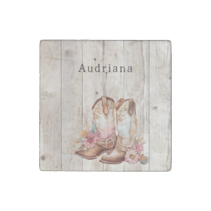 Floral Cowgirl Boots Ivory Faux Wood Personalized Stone Magnet