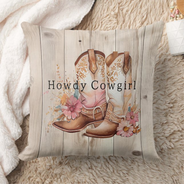 Floral Cowgirl Boots Ivory Faux Wood Personalized  Throw Pillow (Blanket)