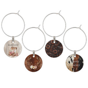 Floral Cowgirl Boots Ivory Faux Wood Personalized  Wine Charm