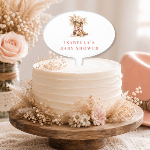 Floral Cowgirl Boots Pink Bow Baby Girl Shower Cake Topper