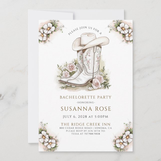 Floral Cowgirl Hat Boots Bachelorette Party Invitation (Front)